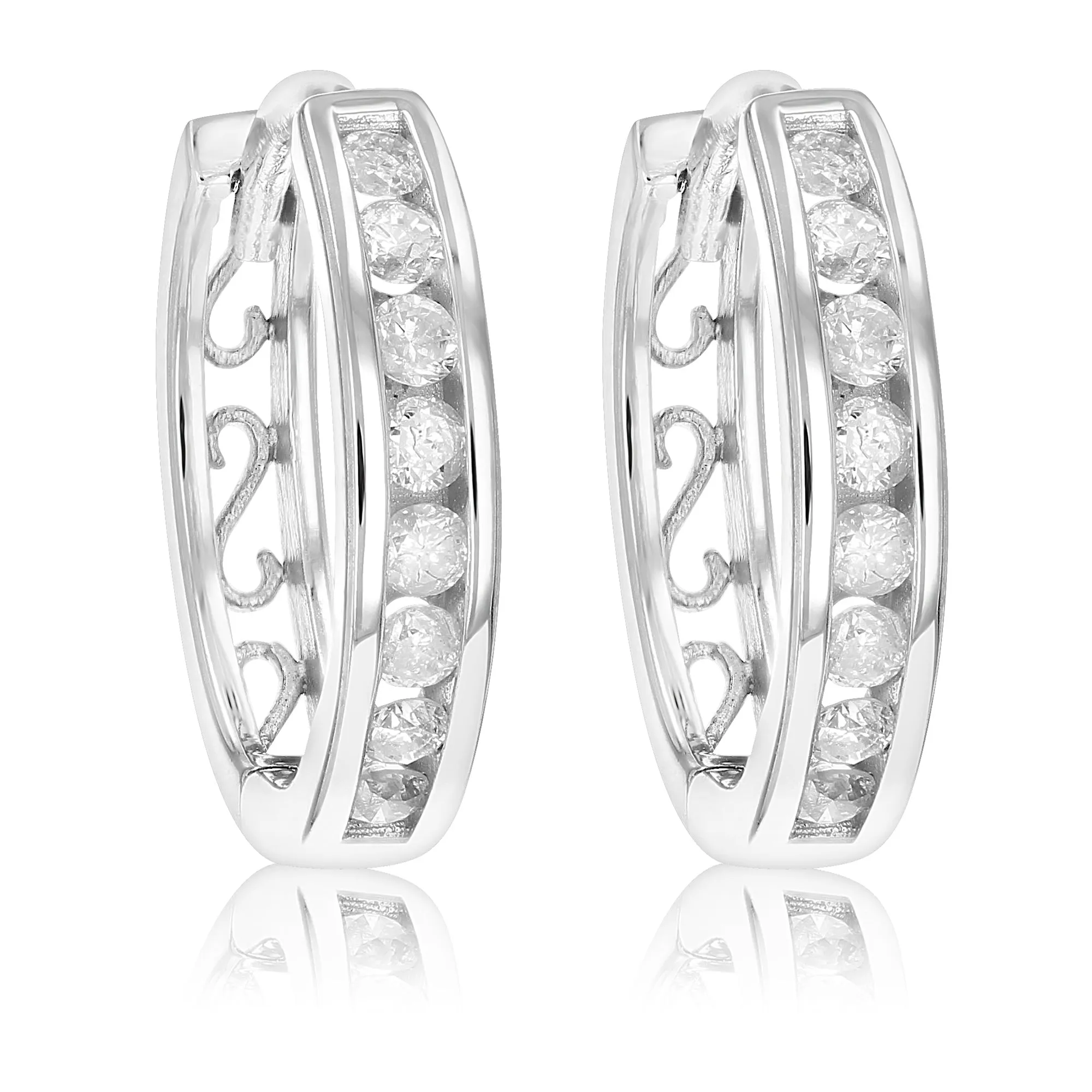 1/3 cttw Diamond Hoop Earrings .925 Sterling Silver 16 Stones Dangle 1/2 Inch