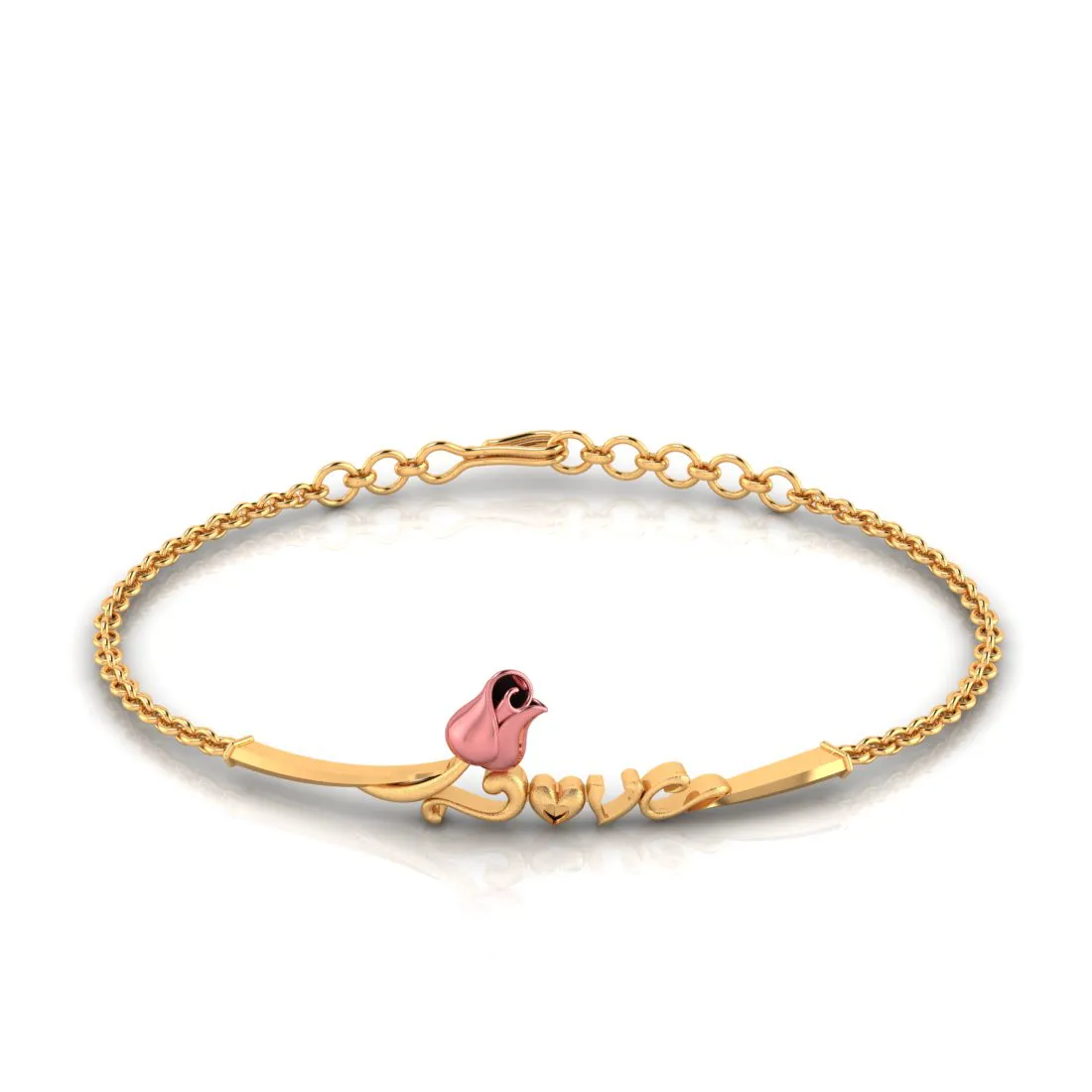 14k Gold Love Word Pink Flower Bracelet