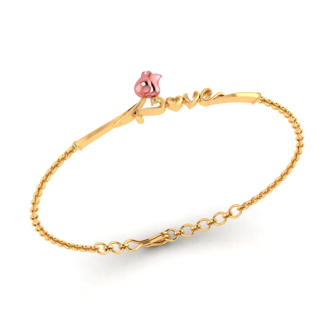 14k Gold Love Word Pink Flower Bracelet