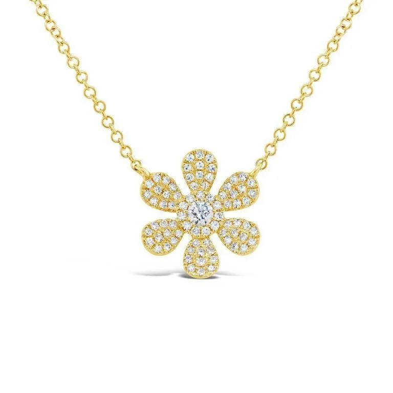 14K Yellow Gold Diamond Daisy Flower Necklace