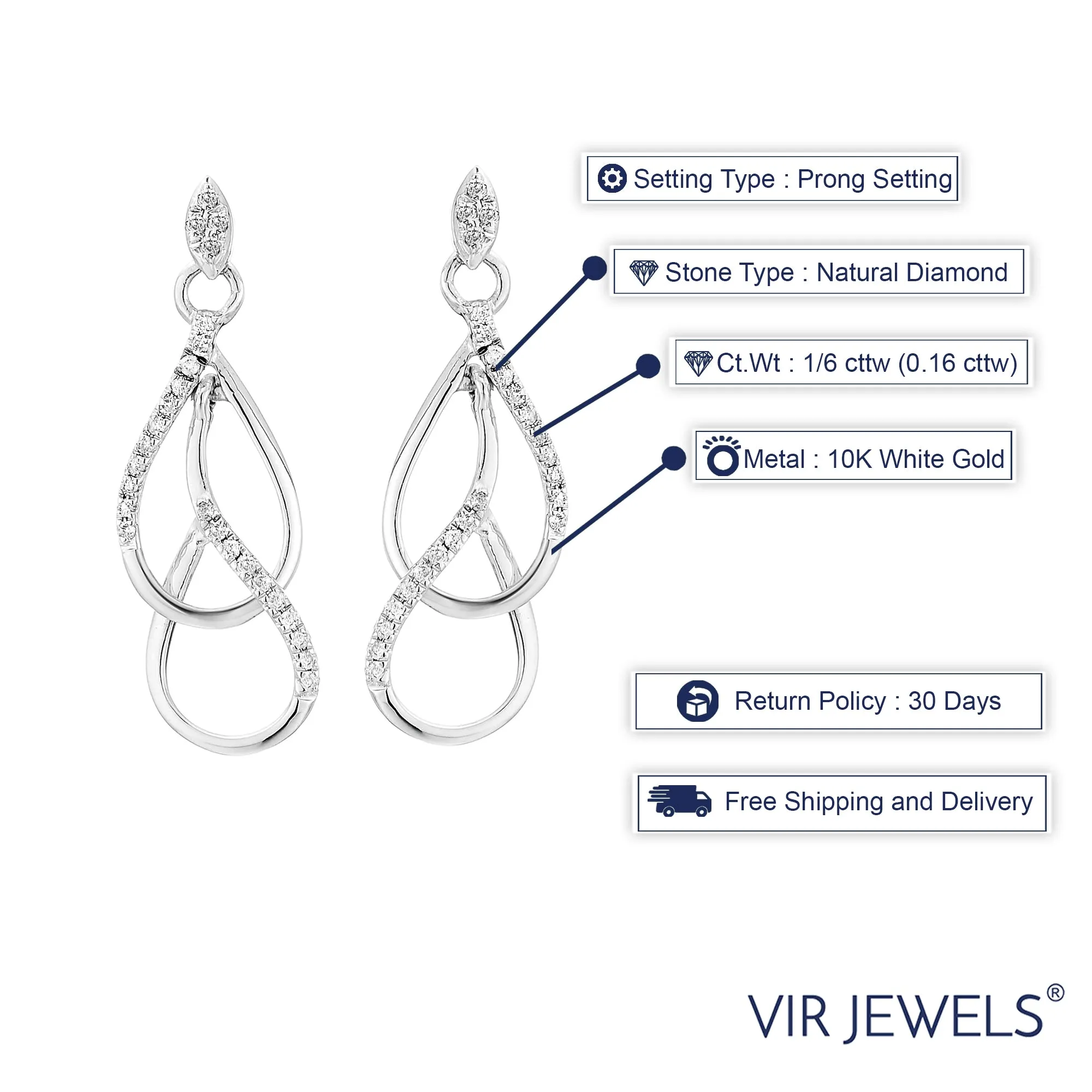 1/6 cttw Diamond Drop Earrings in 10K White Gold