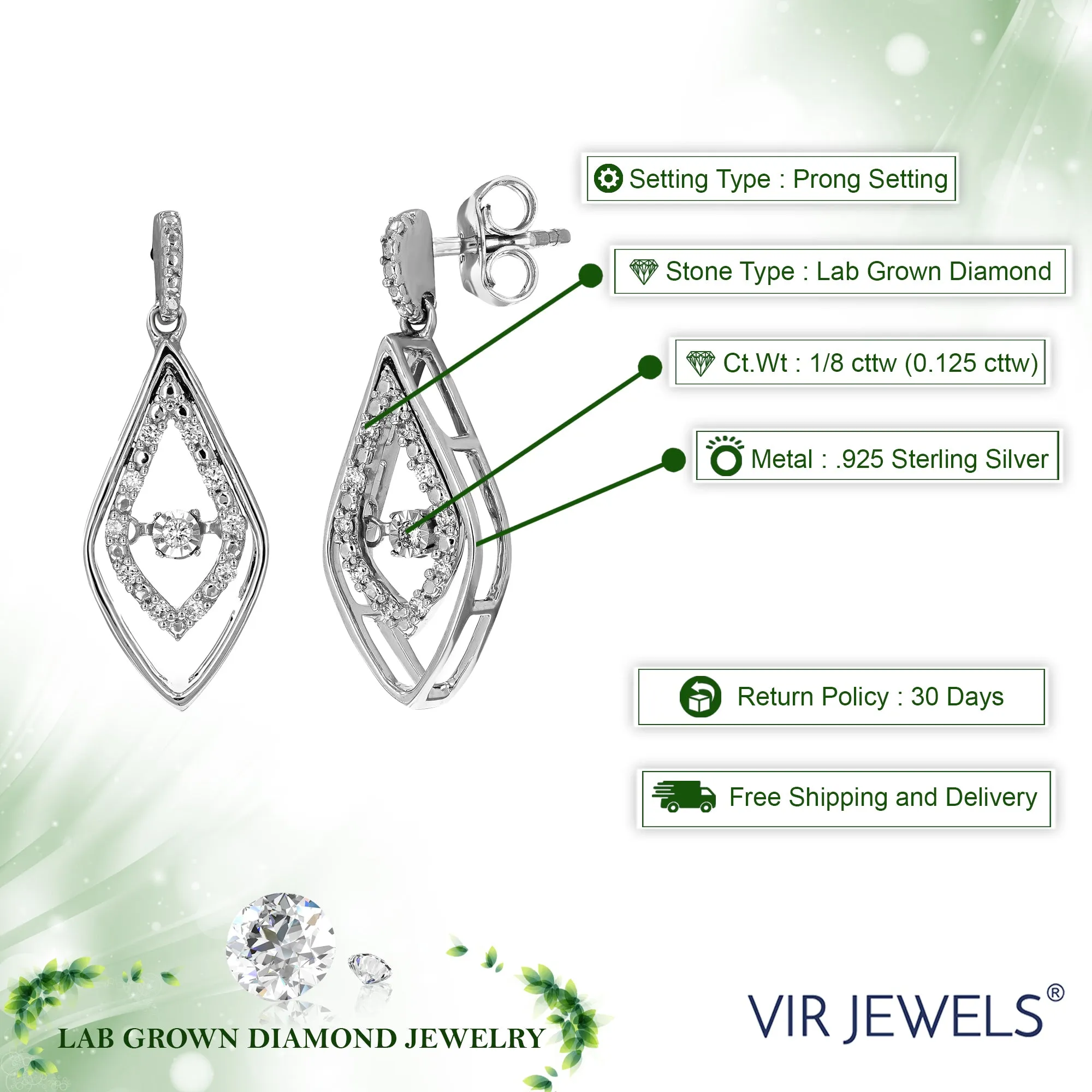 1/8 cttw 22 Stones Round Lab Grown Diamond Dangle Earrings .925 Sterling Silver Prong Set, 1 Inch