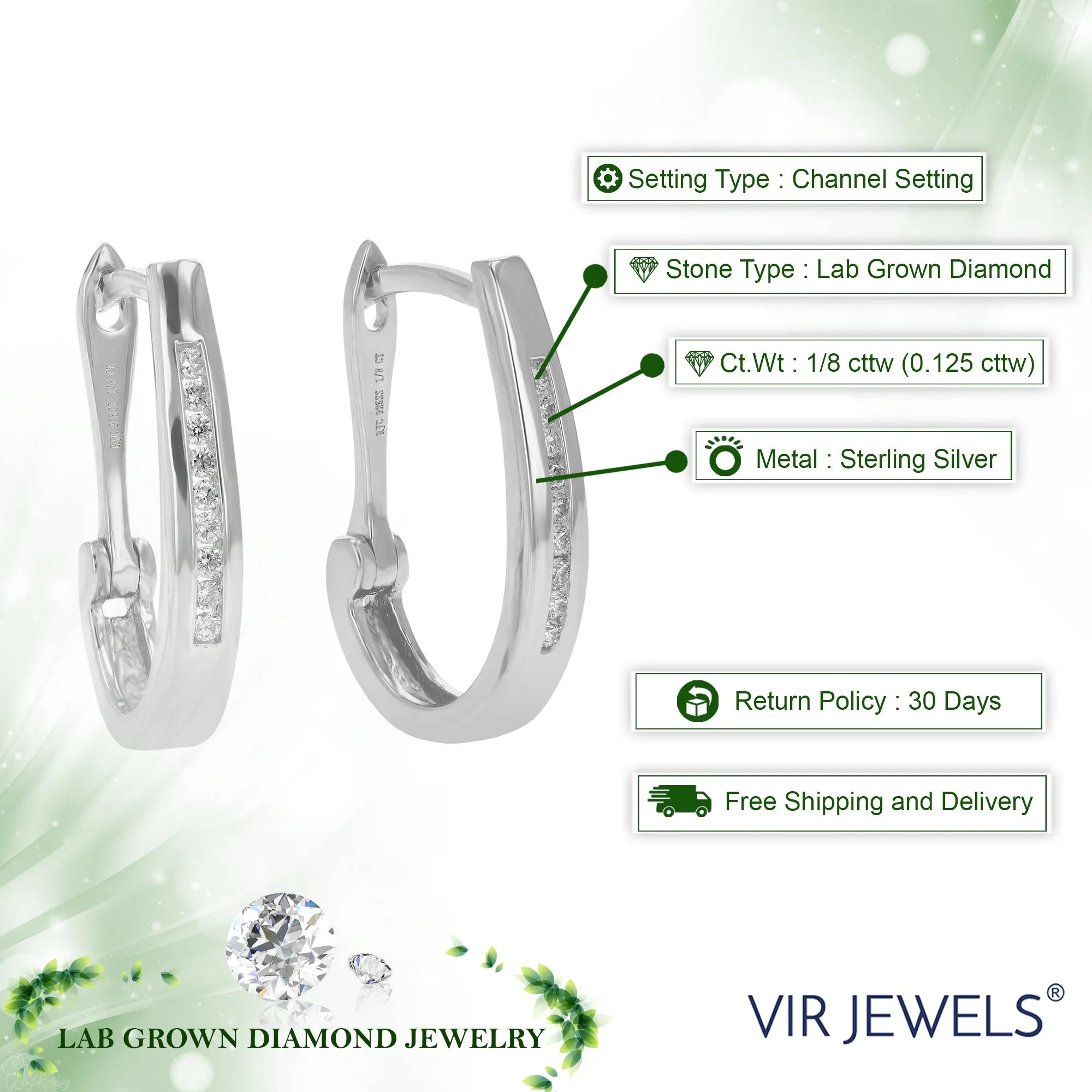 1/8 cttw Round Lab Grown Diamond Hoop Earrings .925 Sterling Silver Channel Set 3/4 Inch