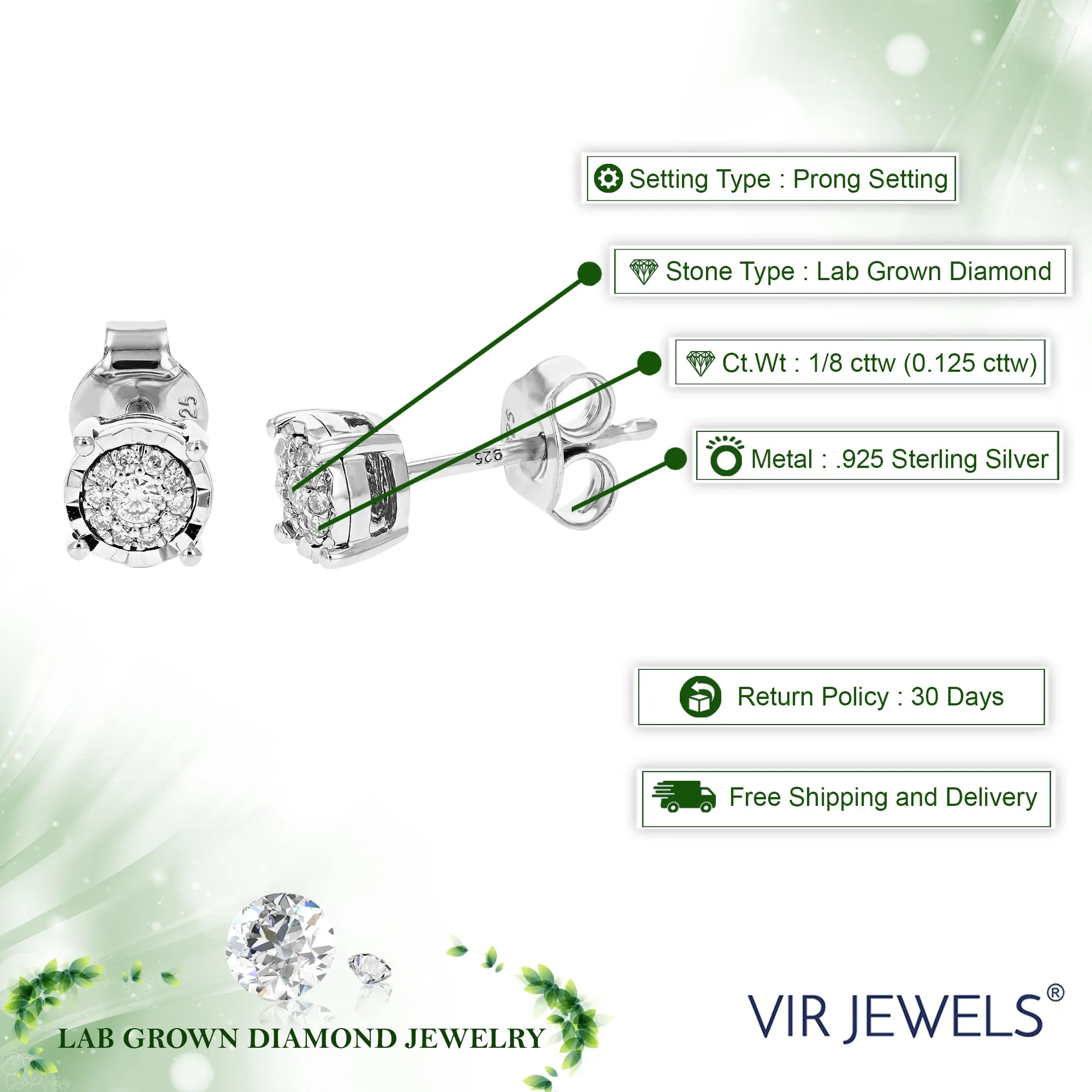 1/8 cttw Round Lab Grown Diamond Stud Earrings .925 Sterling Silver Prong Settings