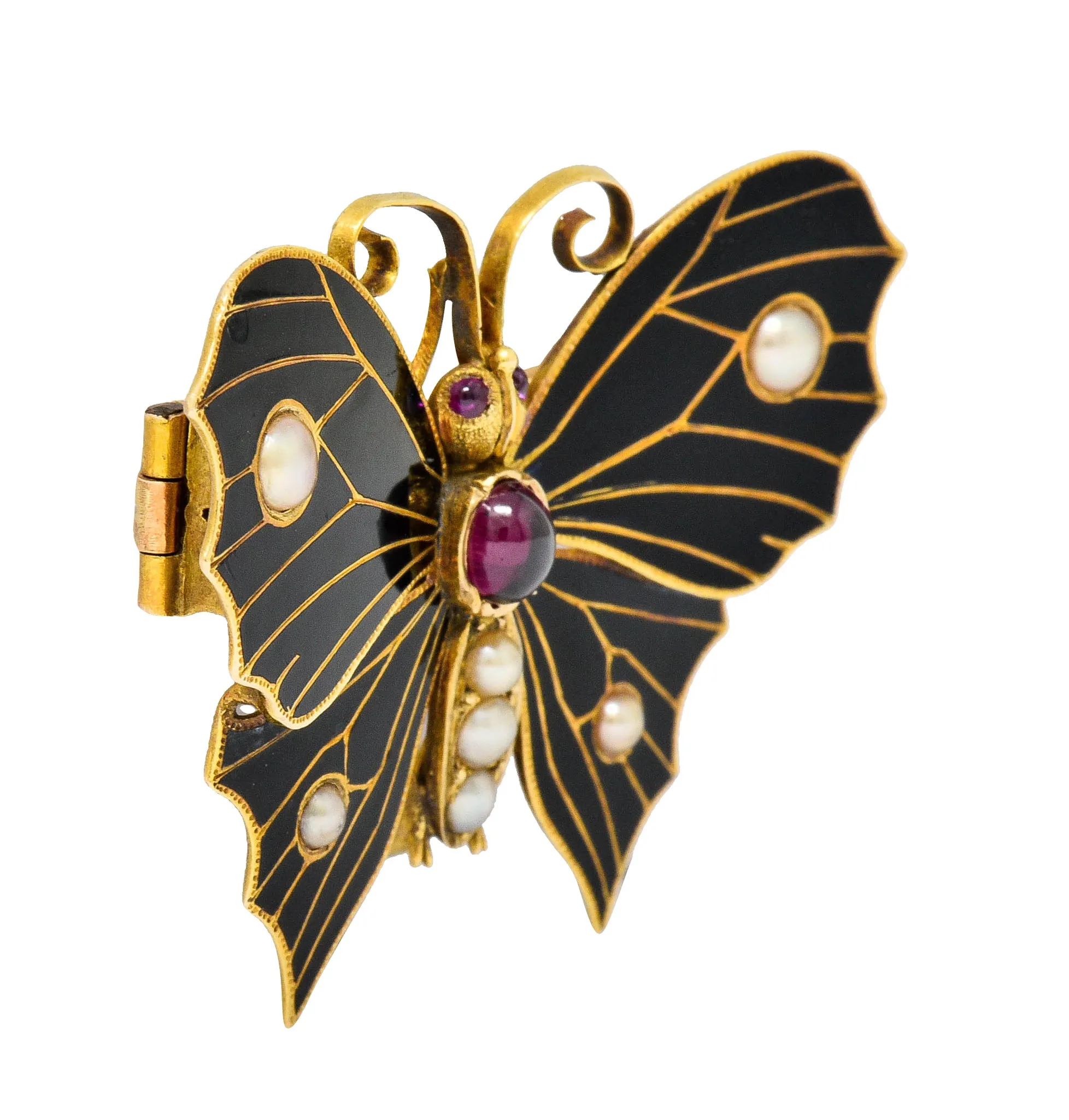 1890's Victorian Garnet Pearl Ruby Enamel 18 Karat Gold Butterfly Watch Pin Brooch