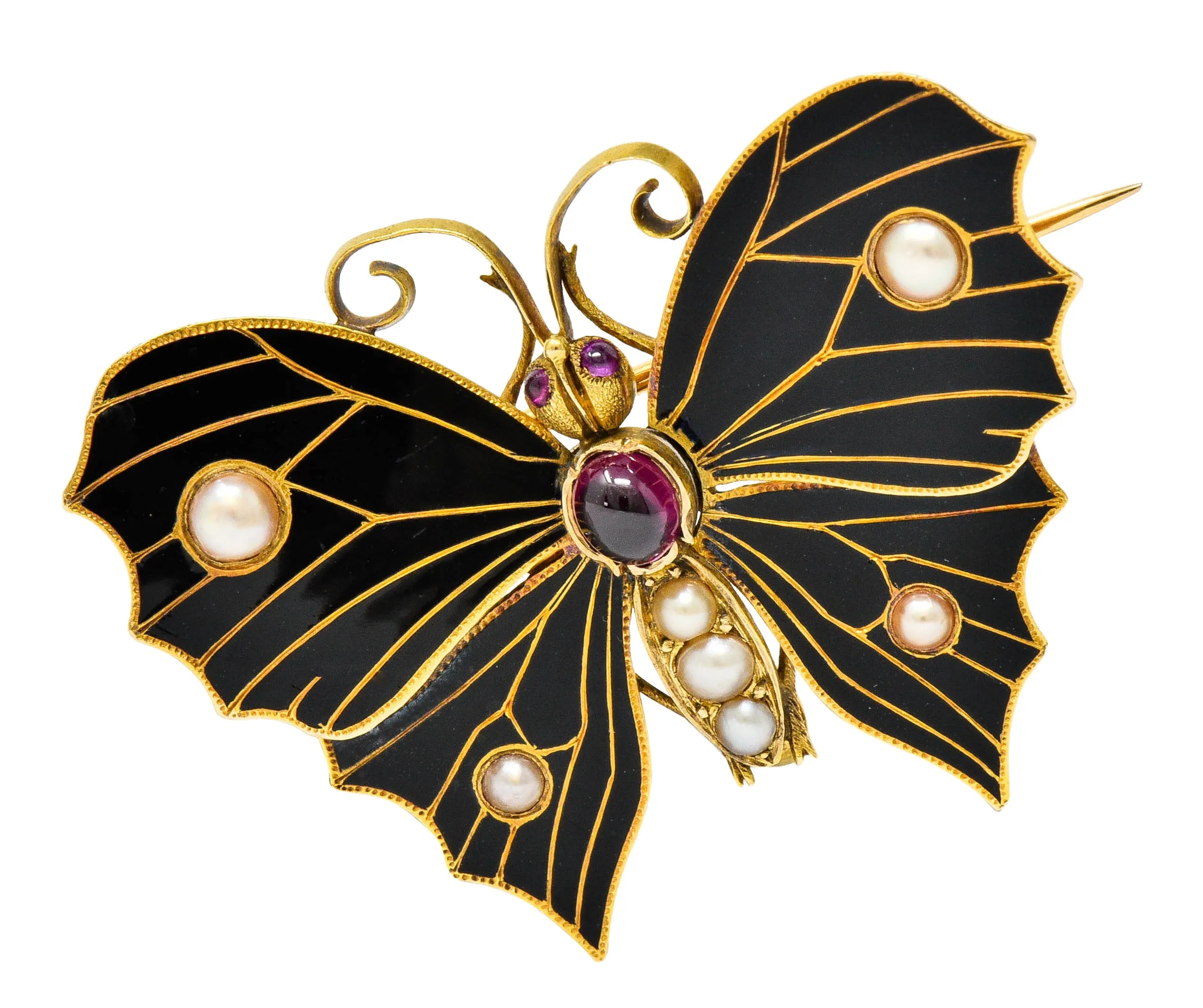 1890's Victorian Garnet Pearl Ruby Enamel 18 Karat Gold Butterfly Watch Pin Brooch