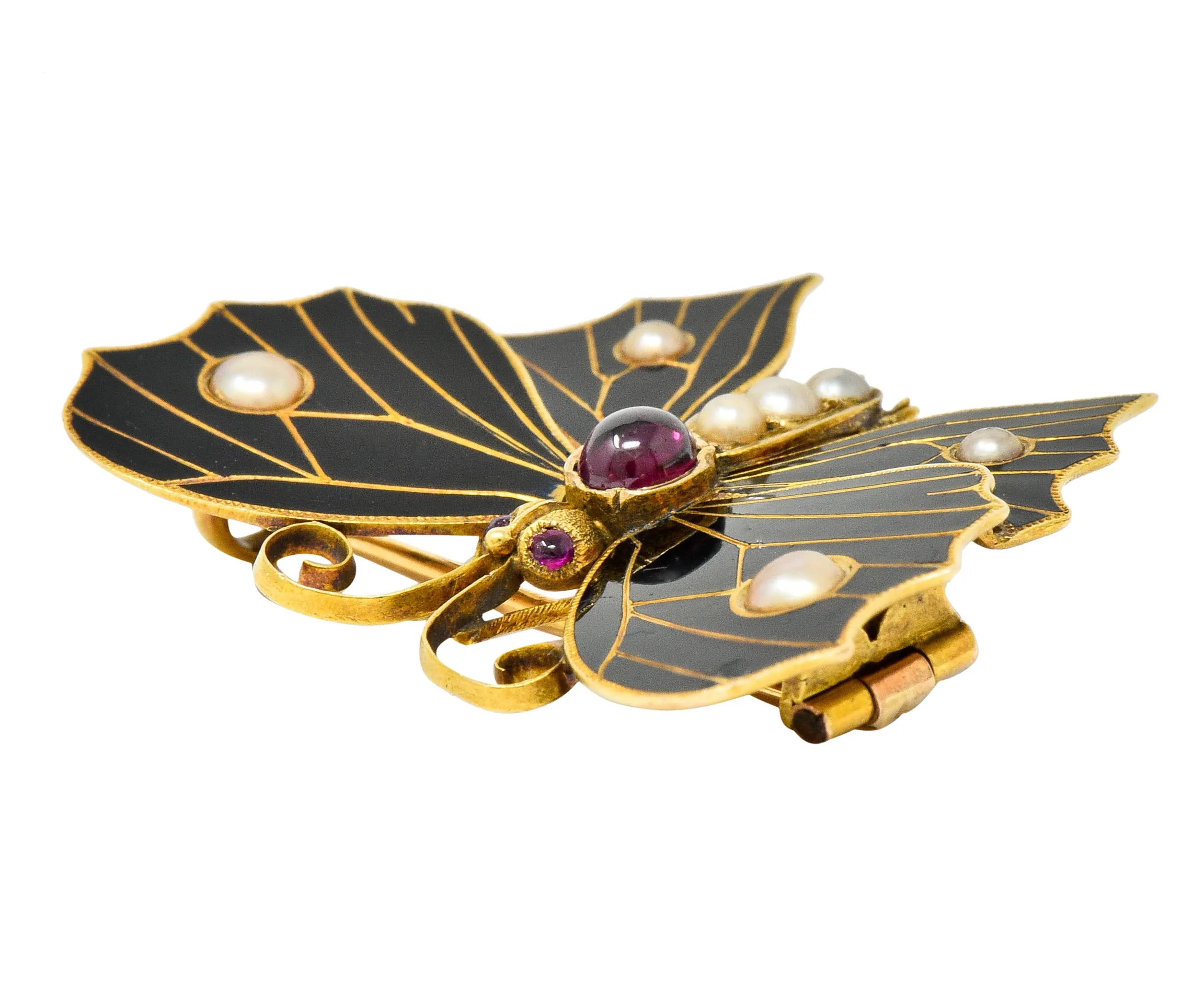 1890's Victorian Garnet Pearl Ruby Enamel 18 Karat Gold Butterfly Watch Pin Brooch