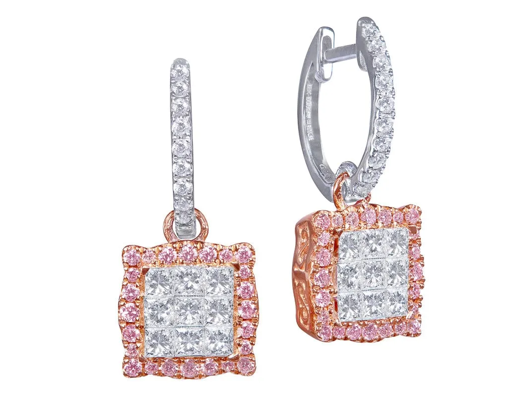 18kt White & Pink Diamond Square Drop Earrings