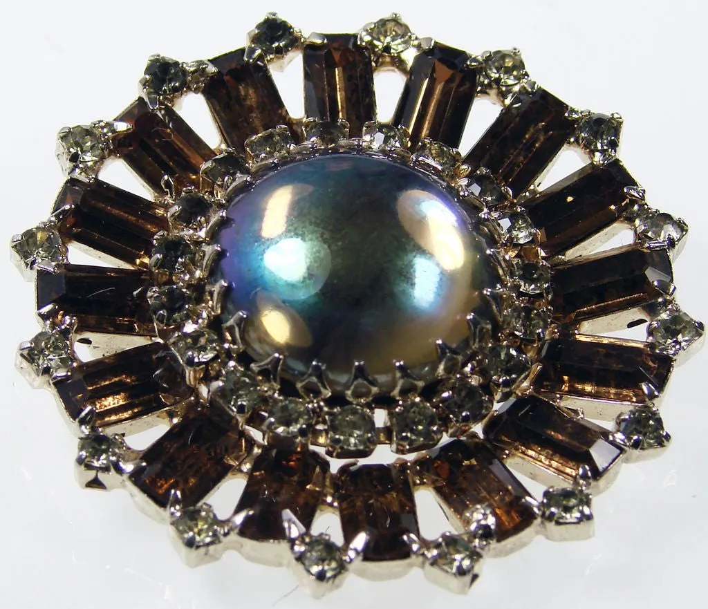 1950s Continental Rhinestone Brooch Large Cabochon Center