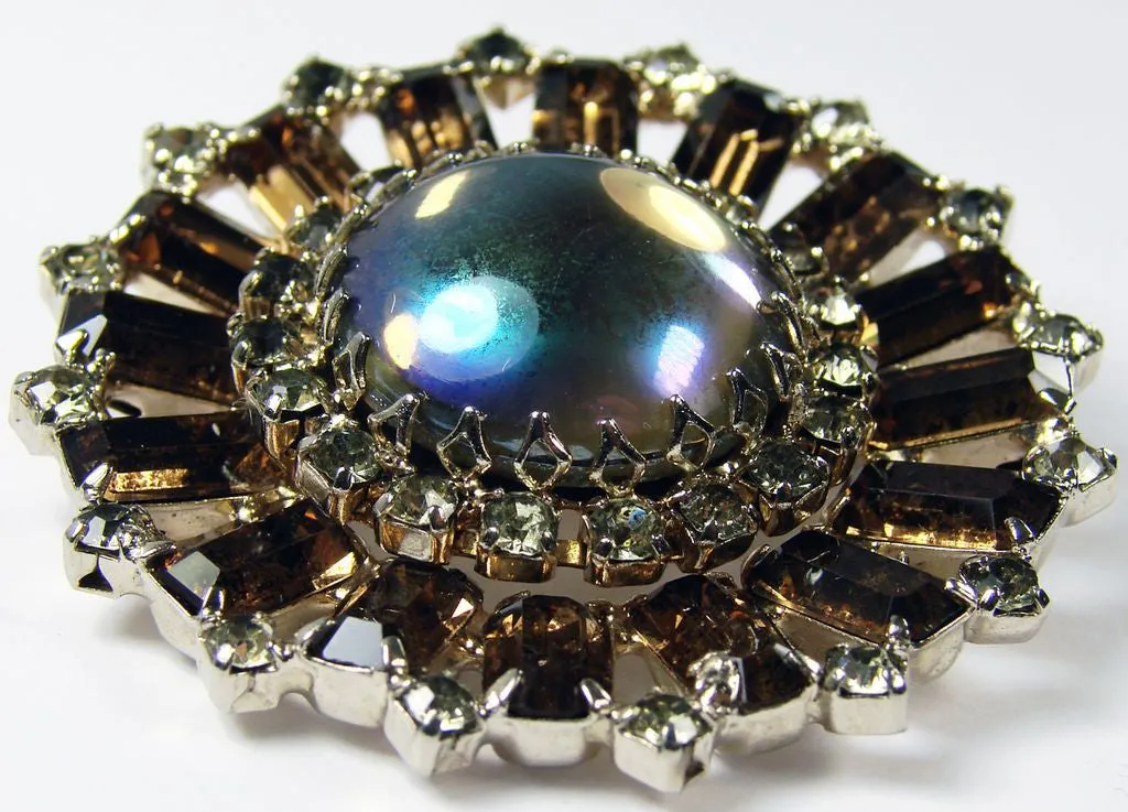 1950s Continental Rhinestone Brooch Large Cabochon Center