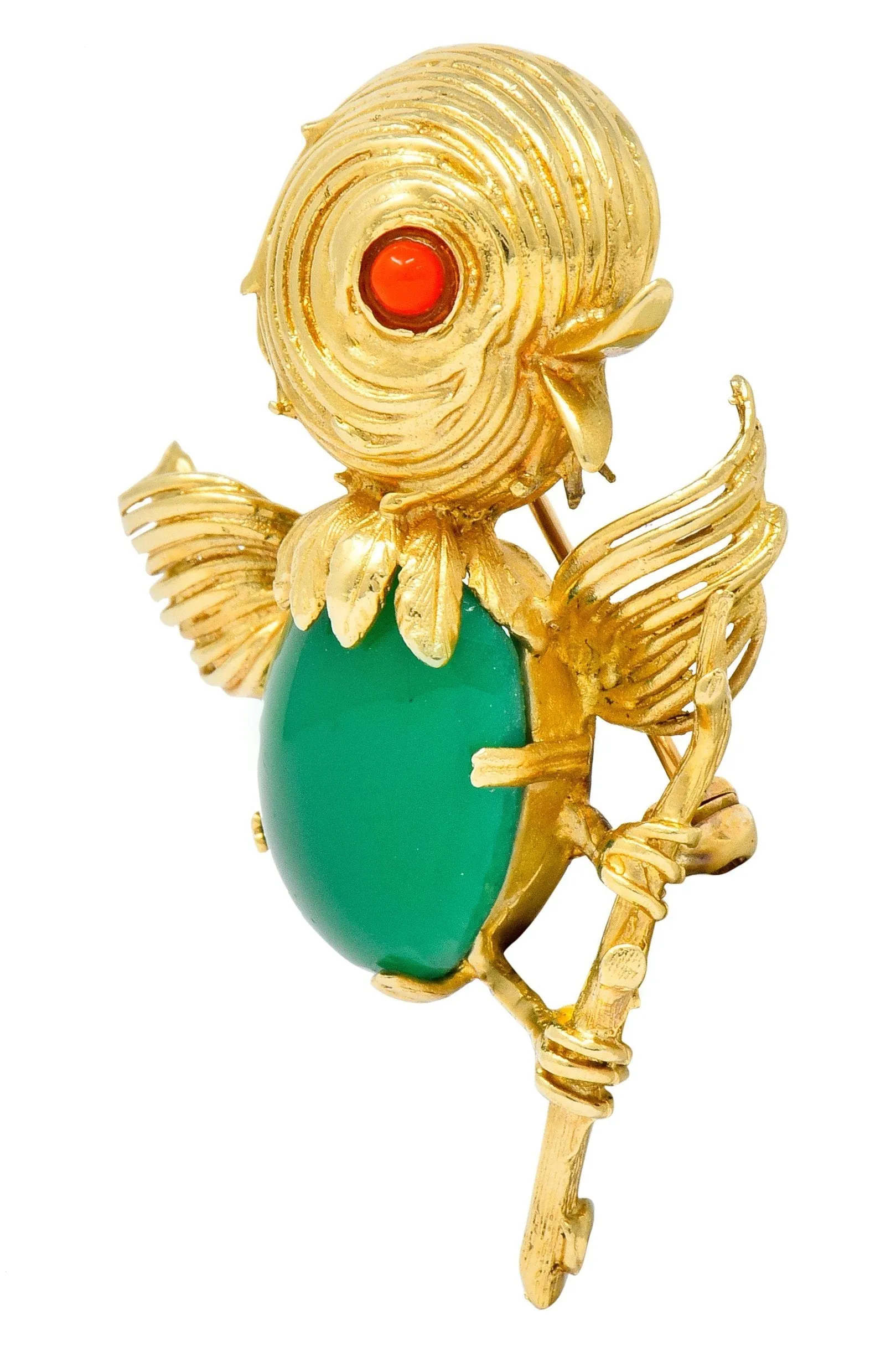 1970's Vintage Chrysoprase 14 Karat Gold Baby Bird Brooch