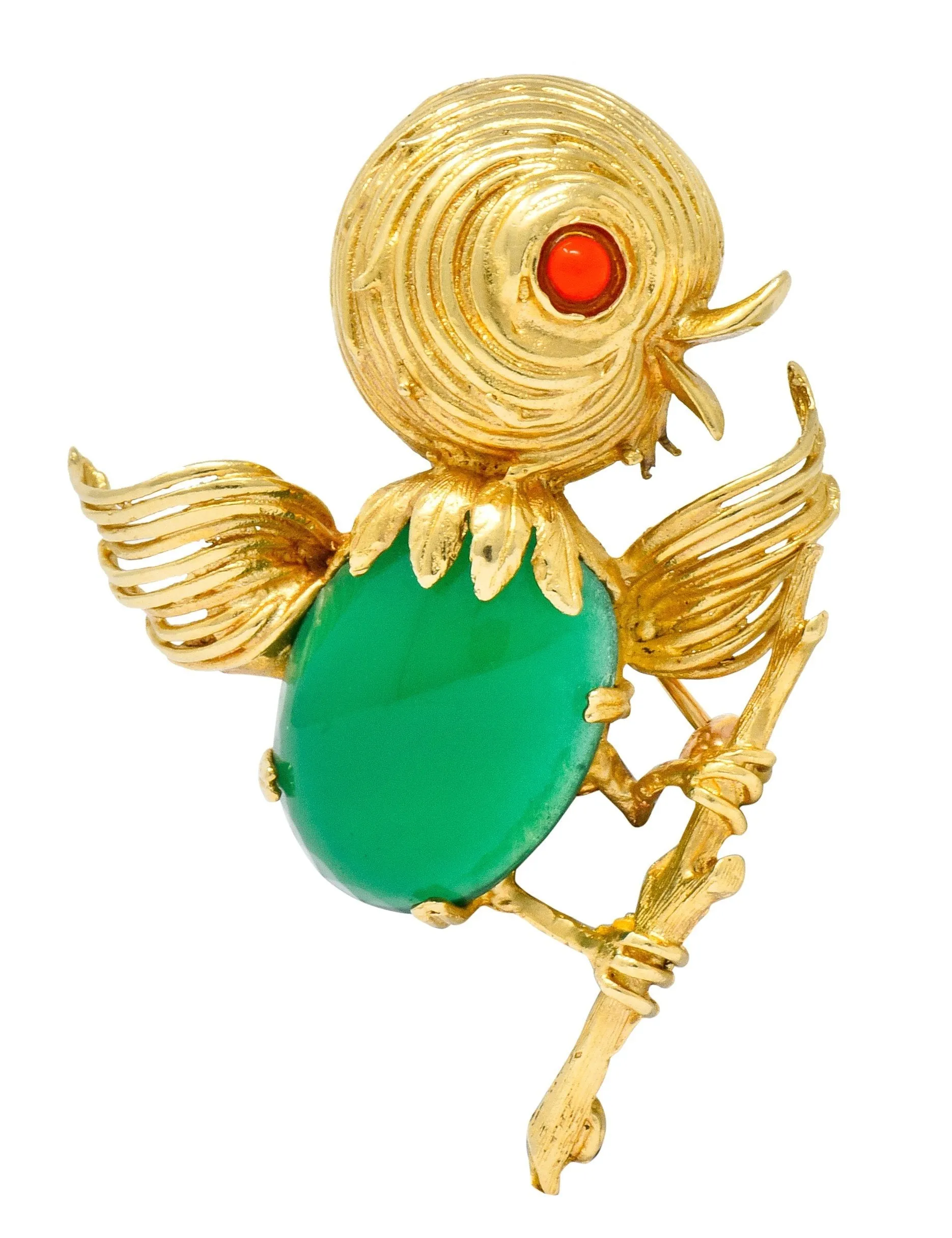 1970's Vintage Chrysoprase 14 Karat Gold Baby Bird Brooch