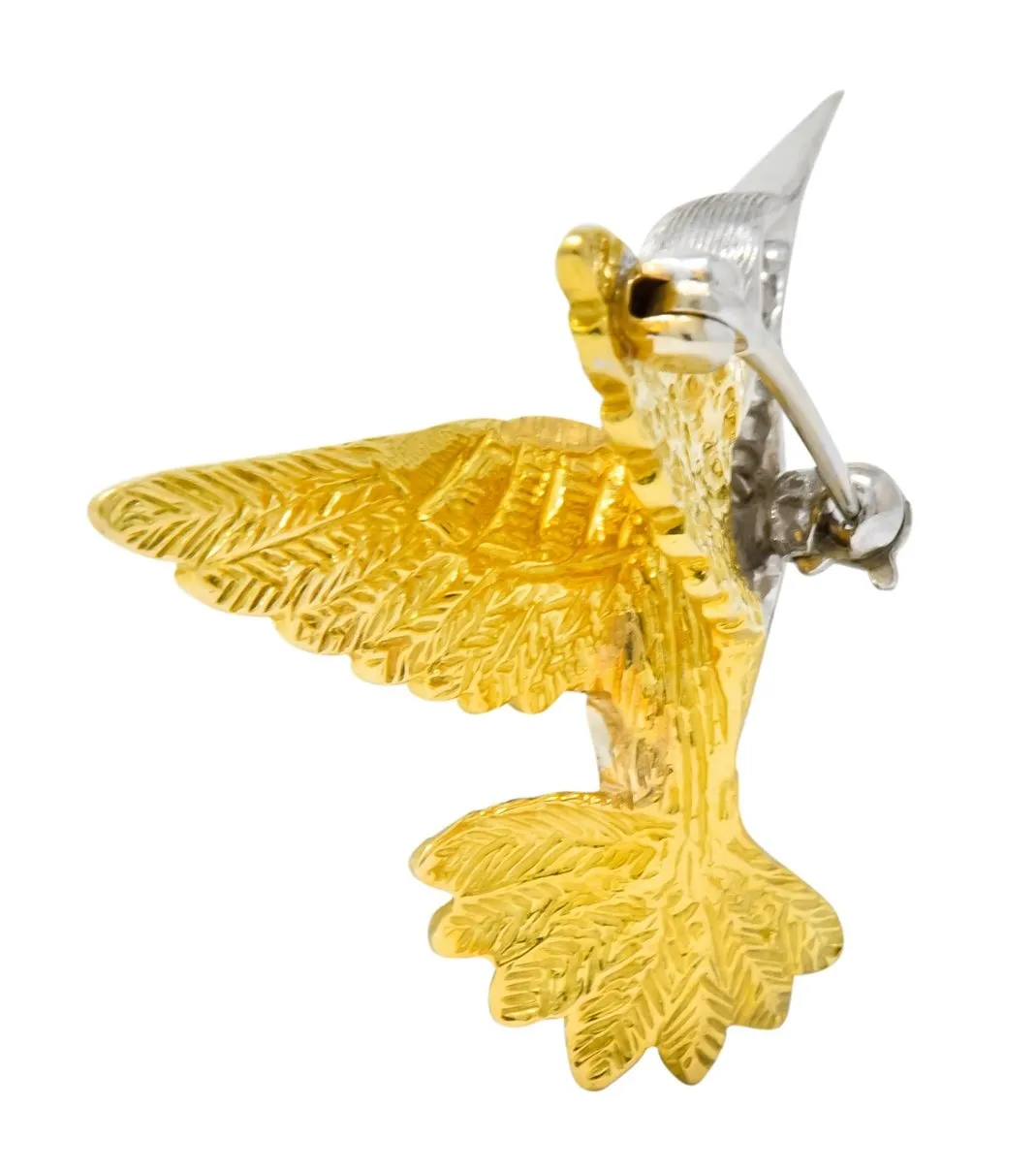 1970's Vintage Diamond Emerald 18 Karat Two-Tone Gold Hummingbird Brooch