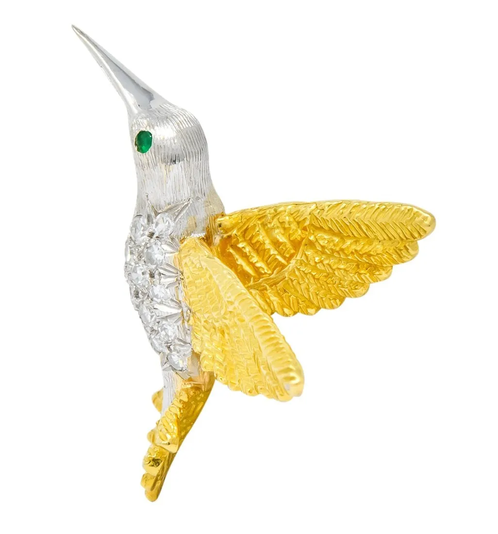 1970's Vintage Diamond Emerald 18 Karat Two-Tone Gold Hummingbird Brooch