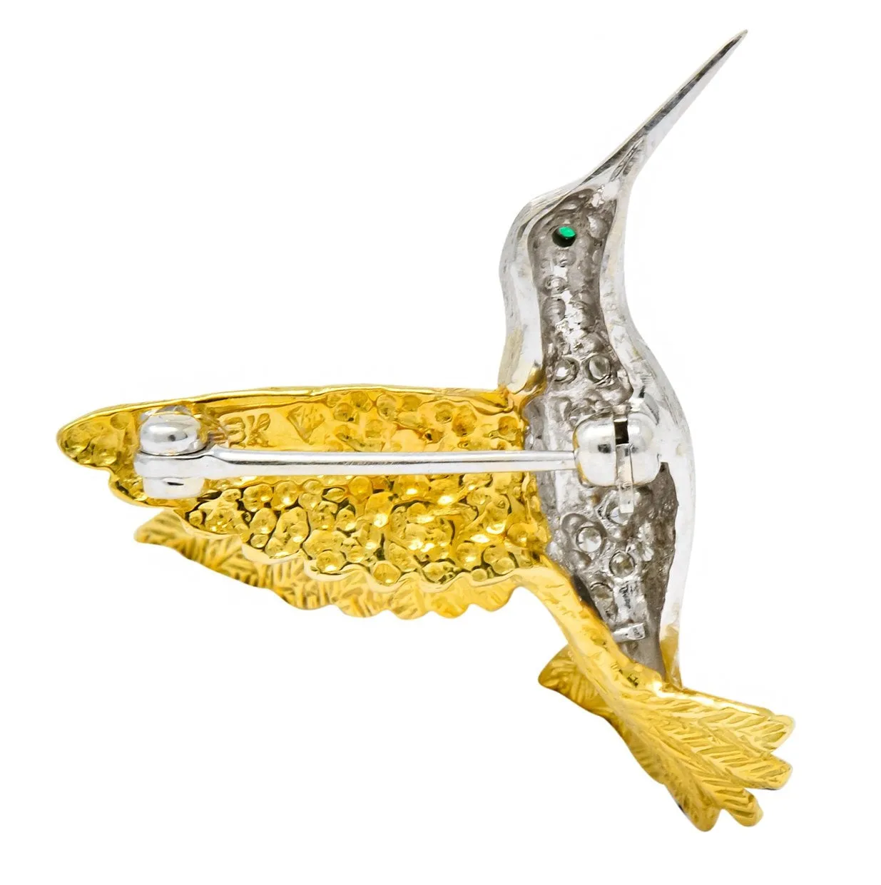 1970's Vintage Diamond Emerald 18 Karat Two-Tone Gold Hummingbird Brooch