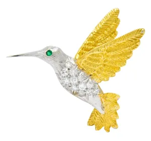 1970's Vintage Diamond Emerald 18 Karat Two-Tone Gold Hummingbird Brooch