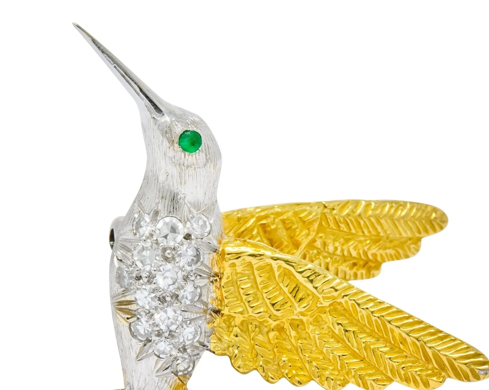 1970's Vintage Diamond Emerald 18 Karat Two-Tone Gold Hummingbird Brooch