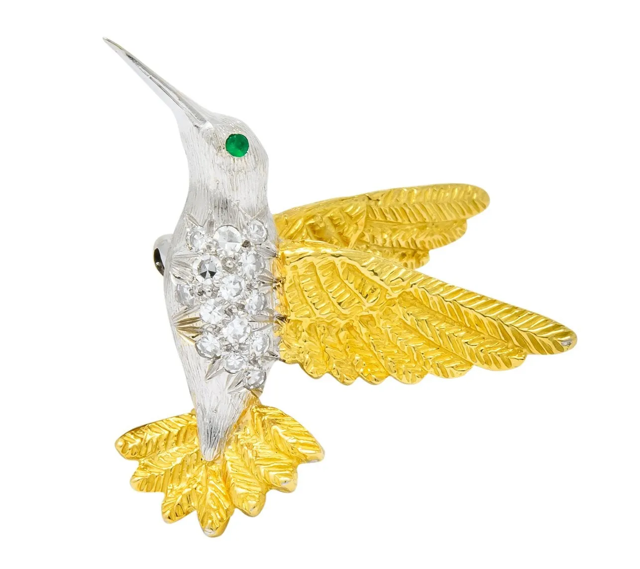 1970's Vintage Diamond Emerald 18 Karat Two-Tone Gold Hummingbird Brooch