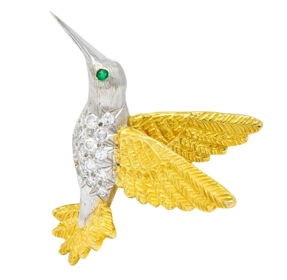 1970's Vintage Diamond Emerald 18 Karat Two-Tone Gold Hummingbird Brooch