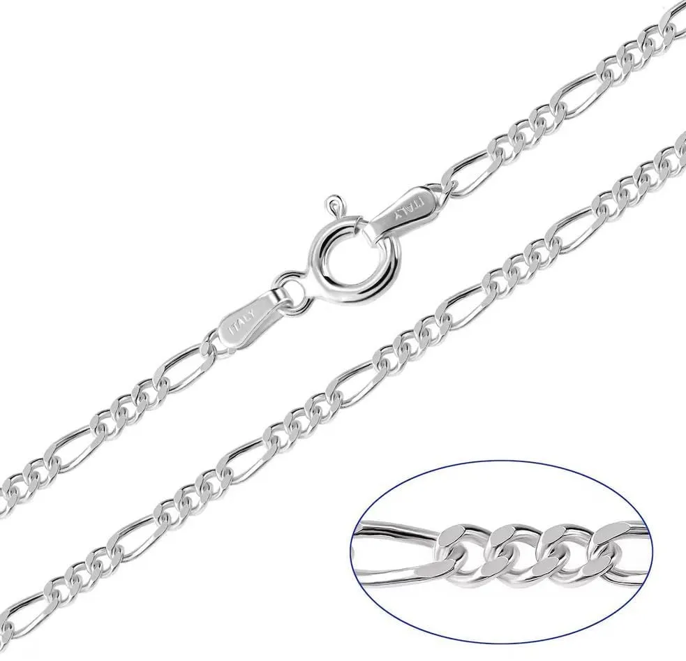 2mm Diamond Cut Figaro Silver Chain Necklace for Men and Women | Made In Italy