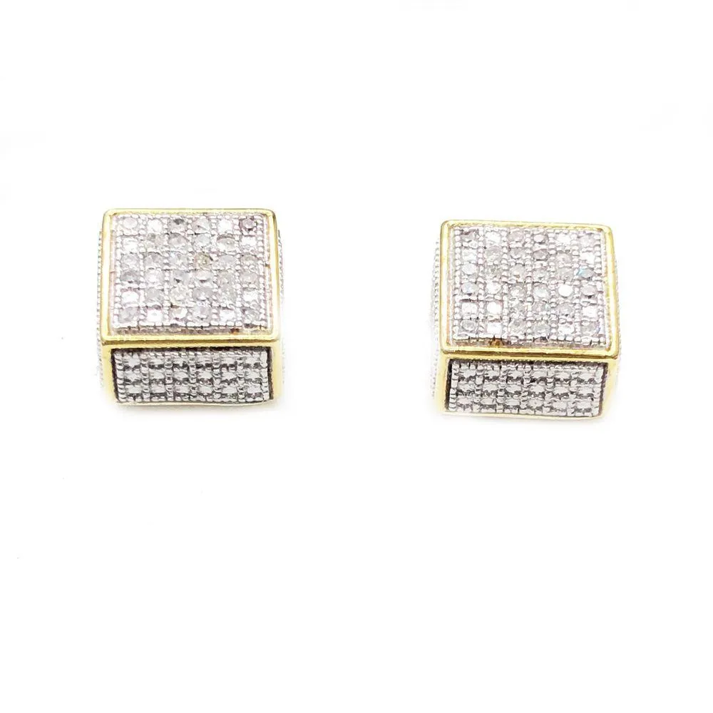 3D Cube .17cttw Diamond Earrings Yellow .925 Sterling Silver