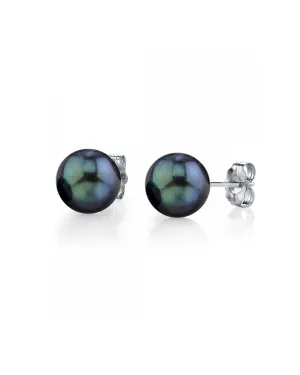 6.5-7.0mm Black Akoya Round Pearl Stud Earrings