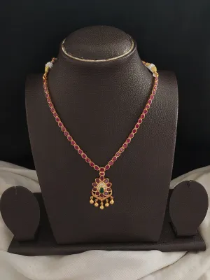 92.5 Pure Silver Ruby Necklace With Center Emerald Stone And Golden Dangling