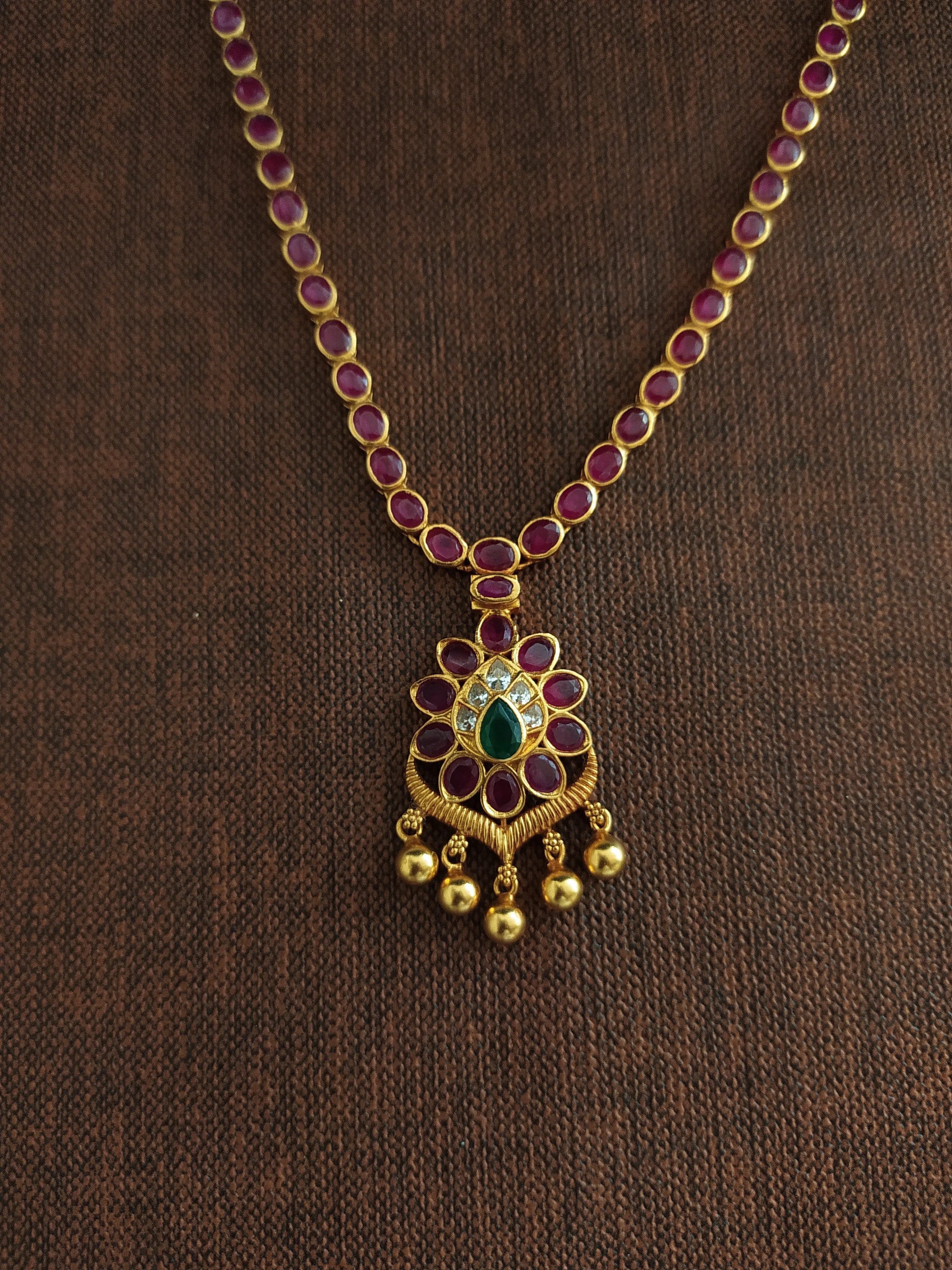 92.5 Pure Silver Ruby Necklace With Center Emerald Stone And Golden Dangling