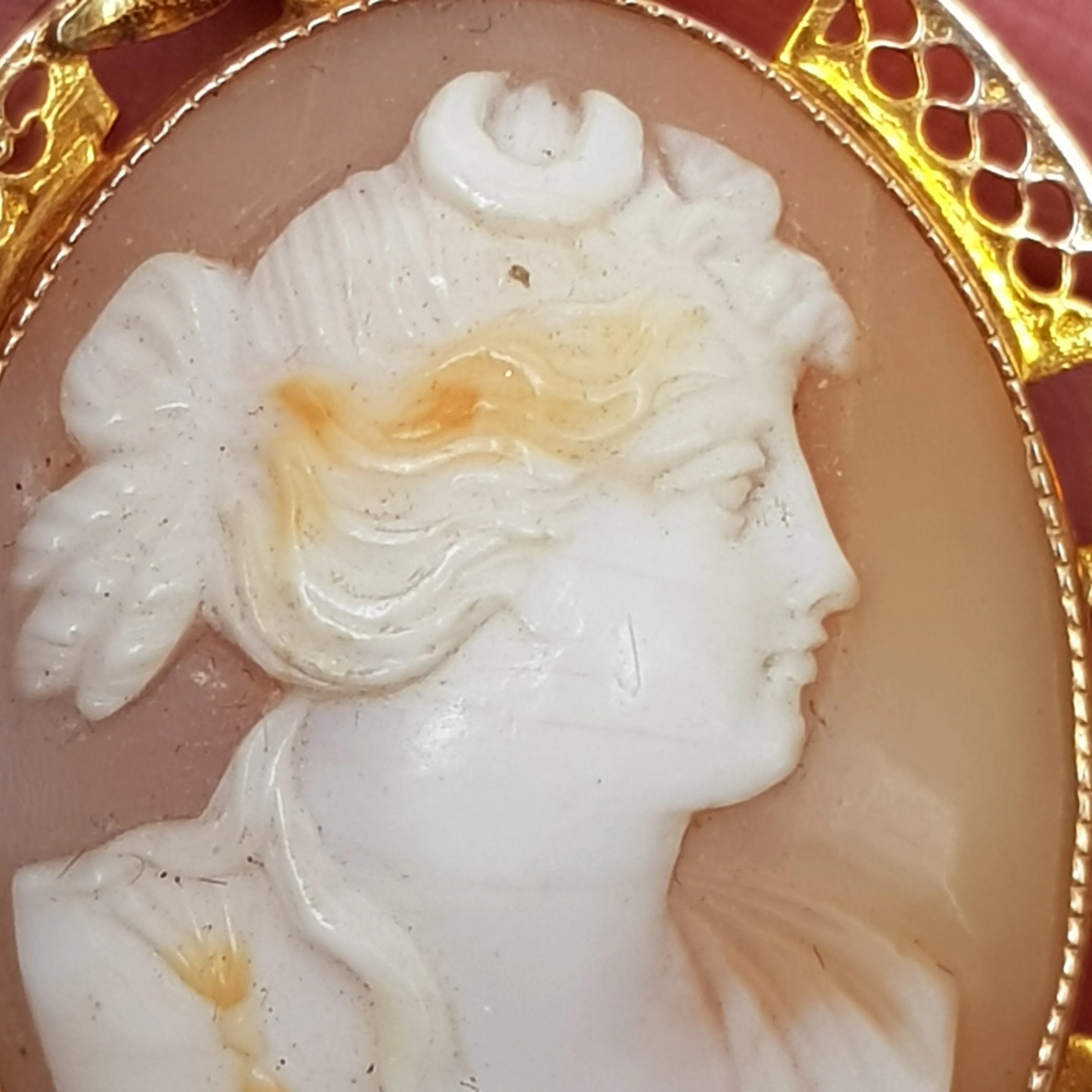 9k Gold Hand Carved Shell Cameo Brooch Pendant Nyx Goddess Of Night Antique Circa 1910