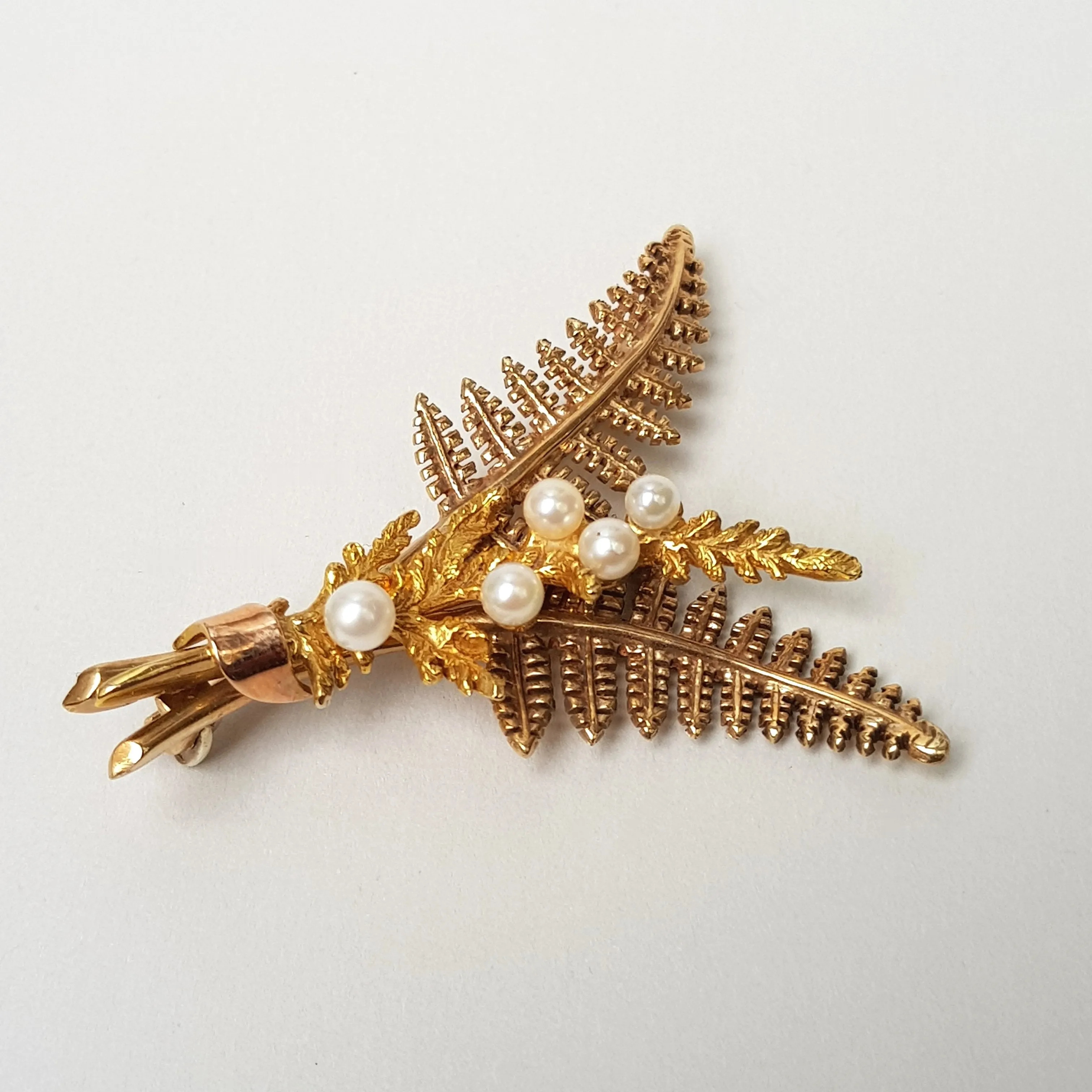 9k Gold Pearl Set Double Fern Leaf Brooch Alabaster & Wilson Vintage Birmingham circa 1995