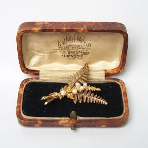 9k Gold Pearl Set Double Fern Leaf Brooch Alabaster & Wilson Vintage Birmingham circa 1995