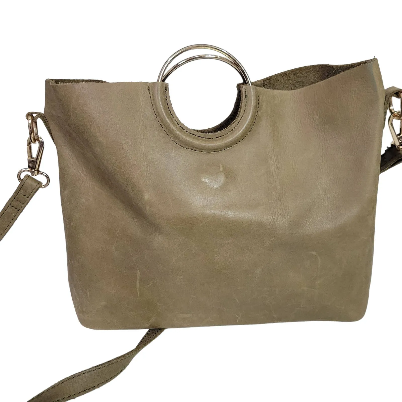 ABLE Fozi Tote Bag Taupe Leather Detachable Strap Crossbody Doctor Ring Handles