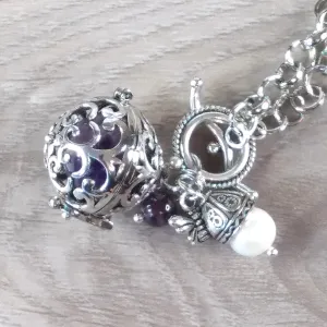 Amethyst Sphere Necklace Silver Locket w/ Pearl