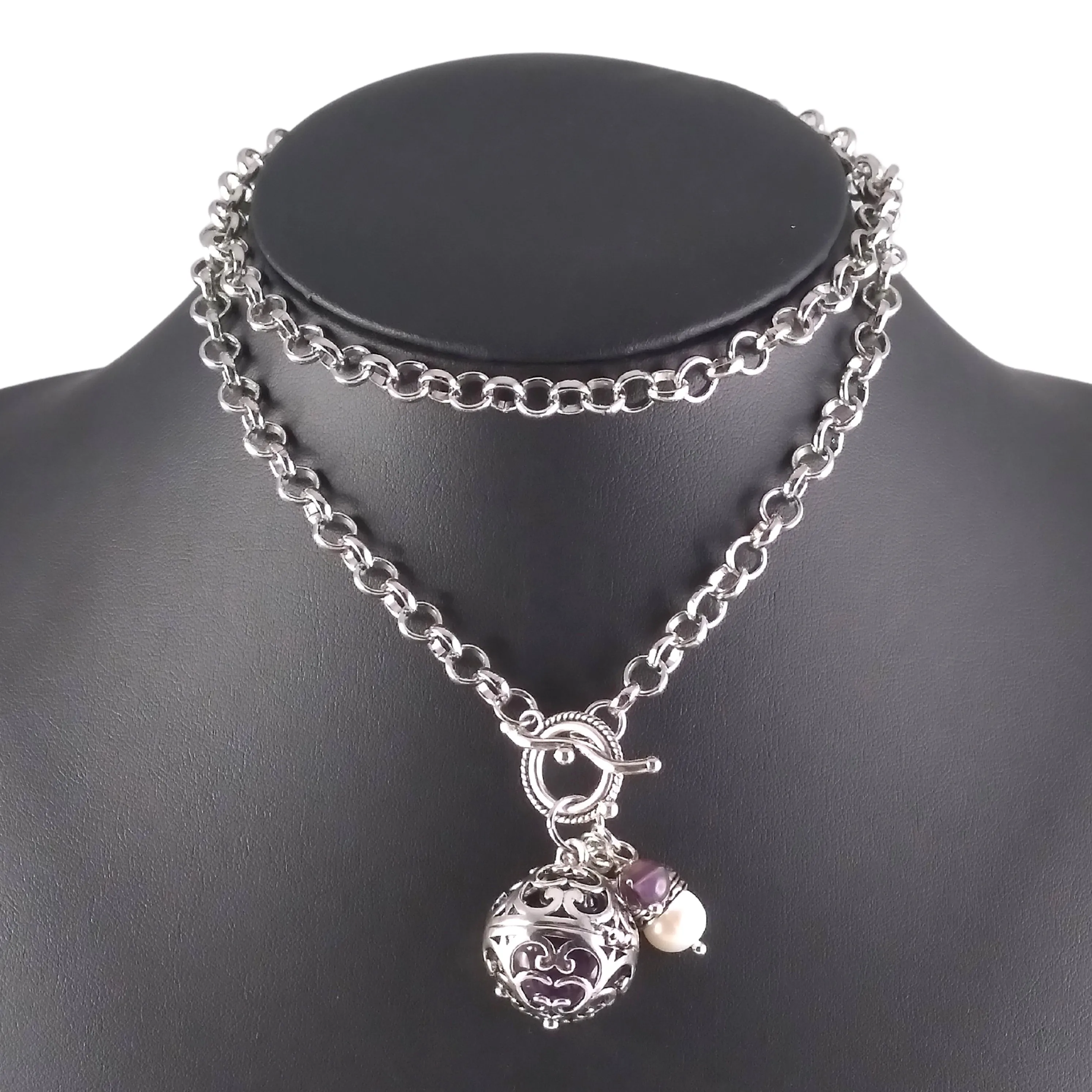 Amethyst Sphere Necklace Silver Locket w/ Pearl