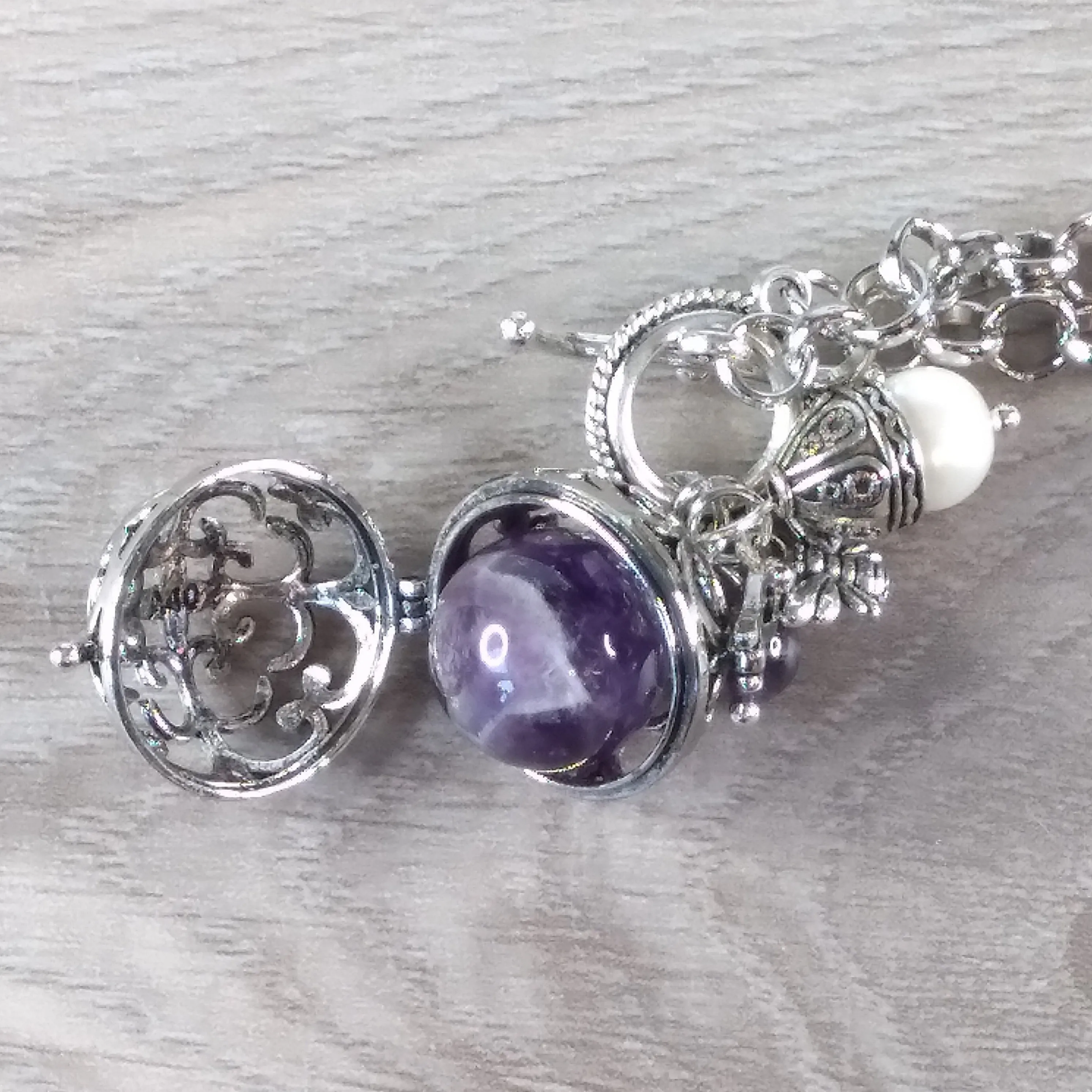 Amethyst Sphere Necklace Silver Locket w/ Pearl