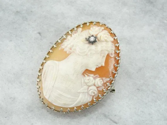 Antique Art Deco Cameo Brooch or Pendant with Diamond