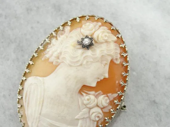 Antique Art Deco Cameo Brooch or Pendant with Diamond