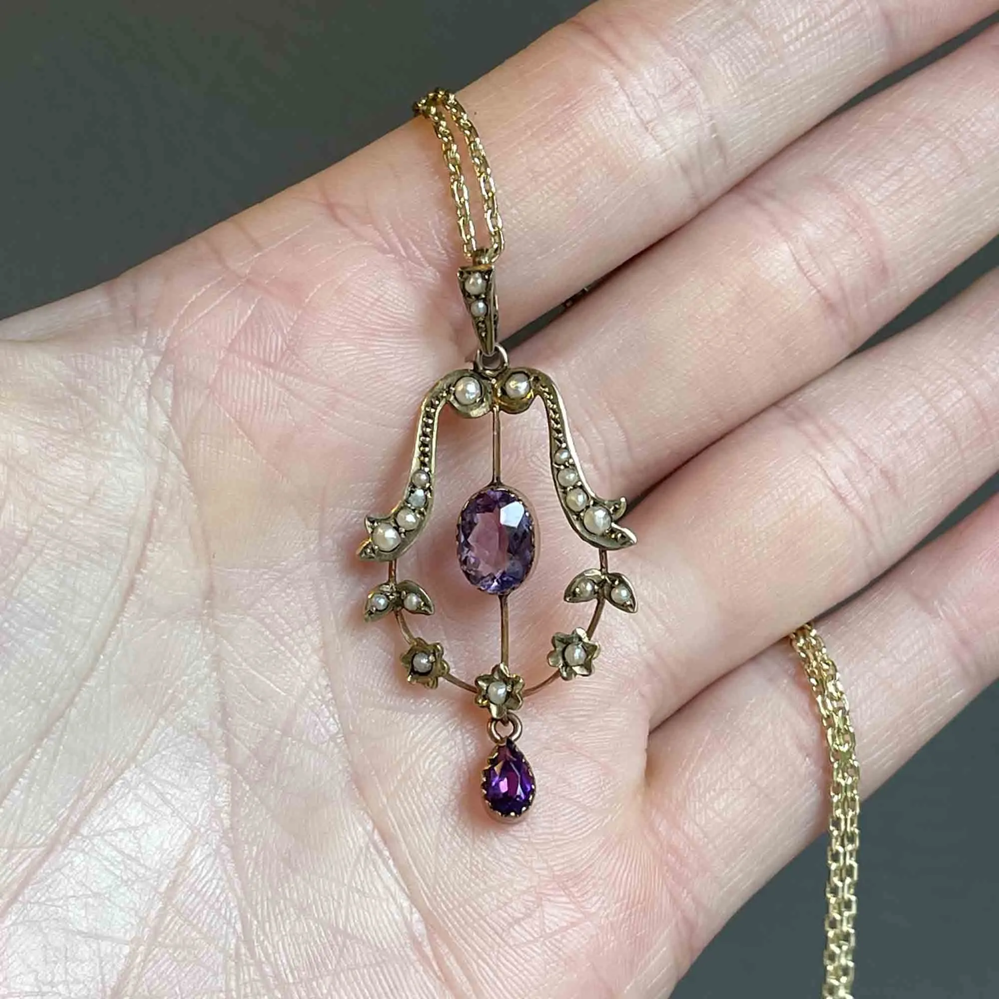 Antique Art Nouveau Gold Amethyst Pearl Lavaliere Necklace