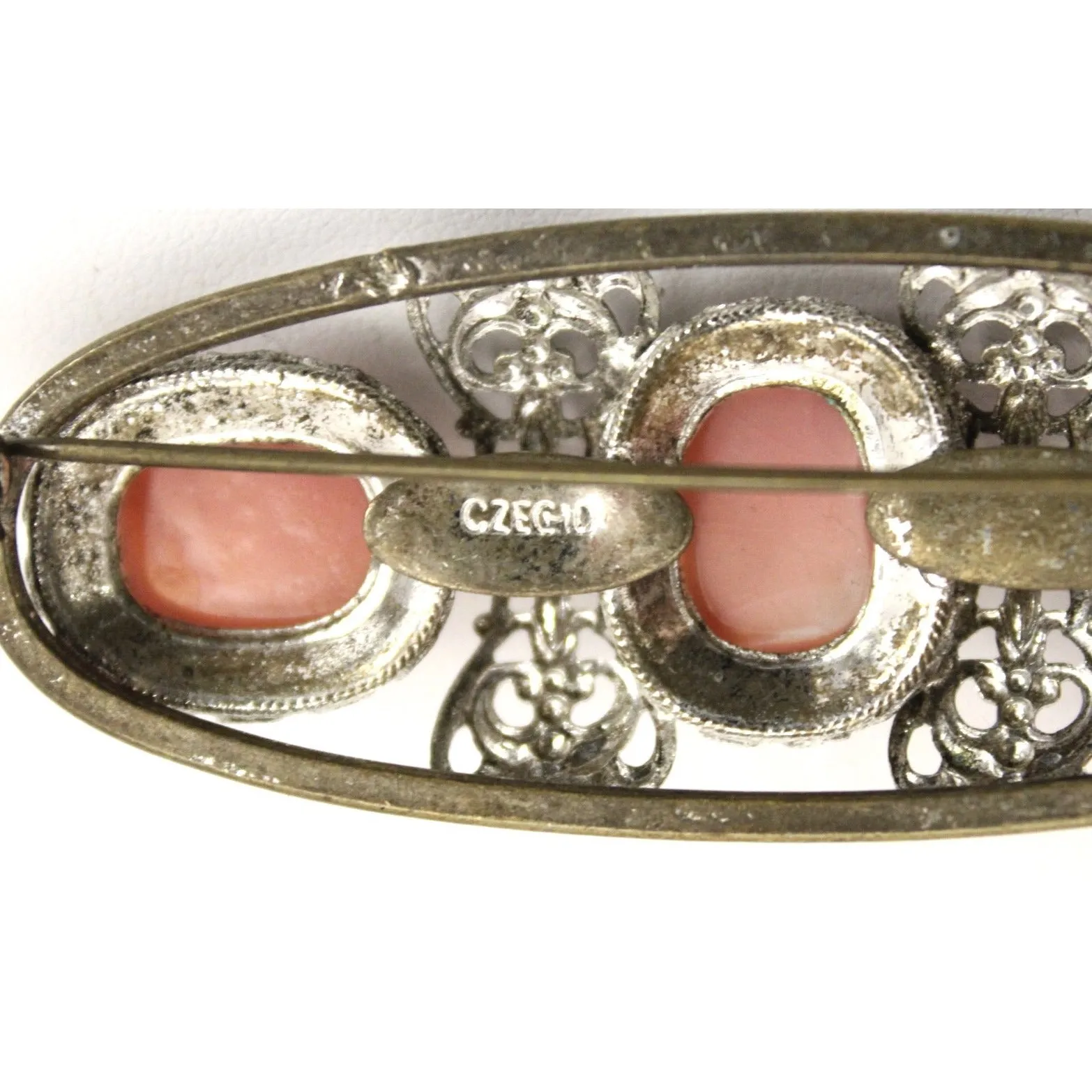 Antique Czech Brooch Pale Pink Opalescent Cabochons Metal Filigree Victorian  3"