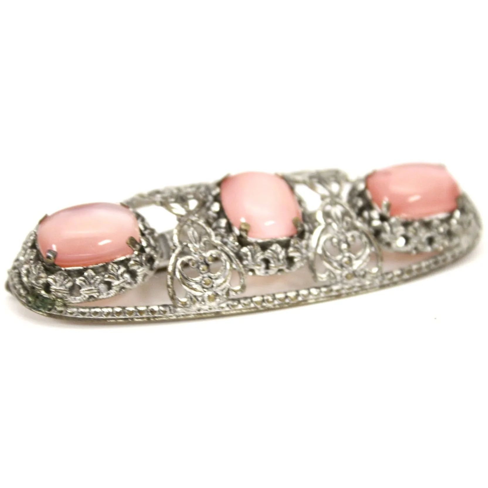 Antique Czech Brooch Pale Pink Opalescent Cabochons Metal Filigree Victorian  3"