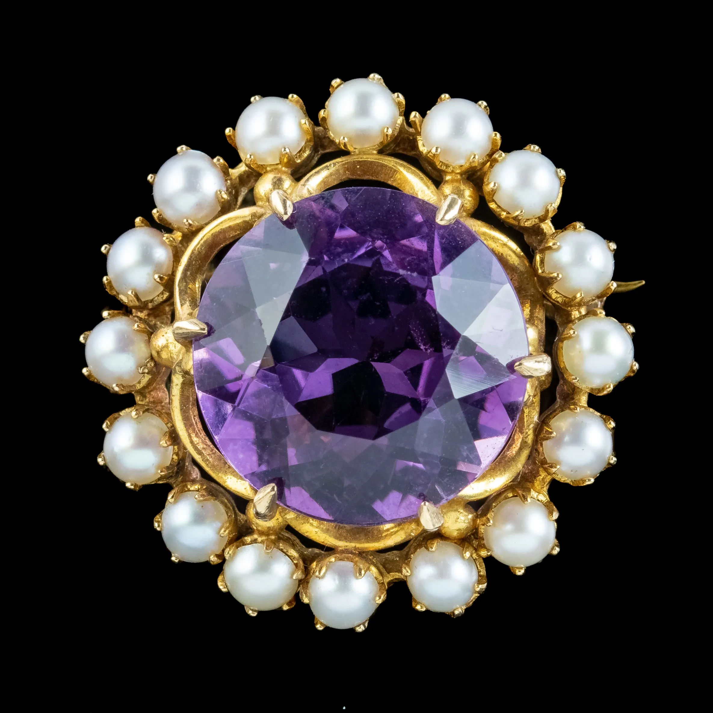 Antique Edwardian Amethyst Pearl Brooch 9ct Gold 20ct Amethyst