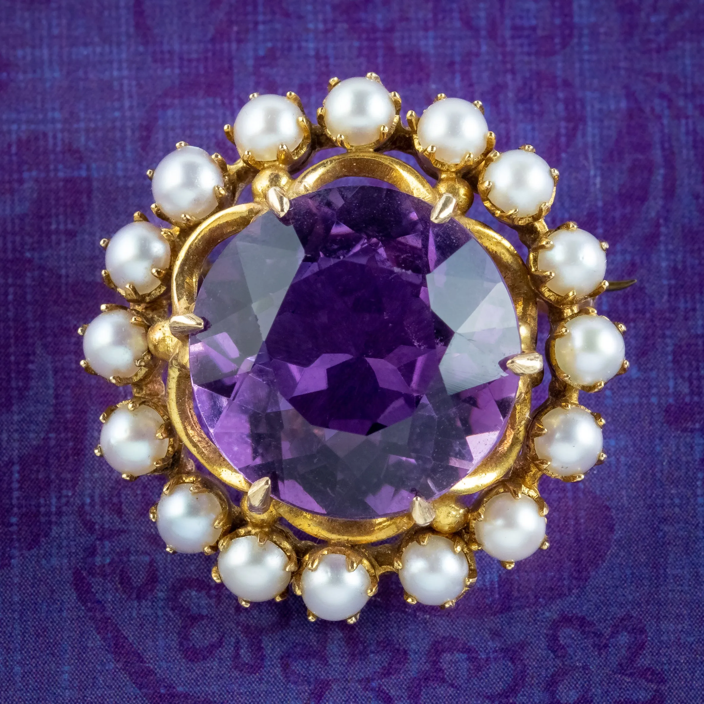 Antique Edwardian Amethyst Pearl Brooch 9ct Gold 20ct Amethyst