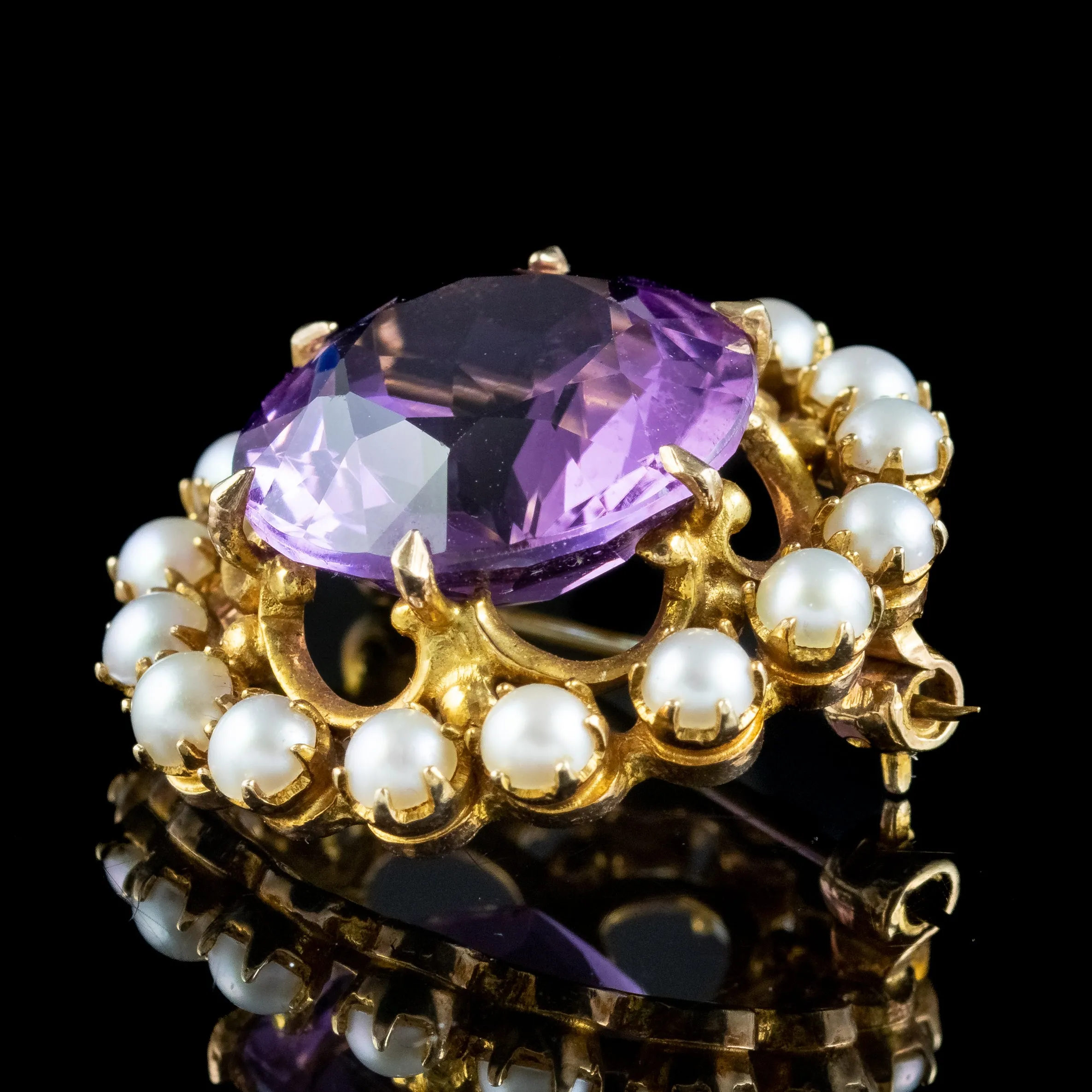 Antique Edwardian Amethyst Pearl Brooch 9ct Gold 20ct Amethyst