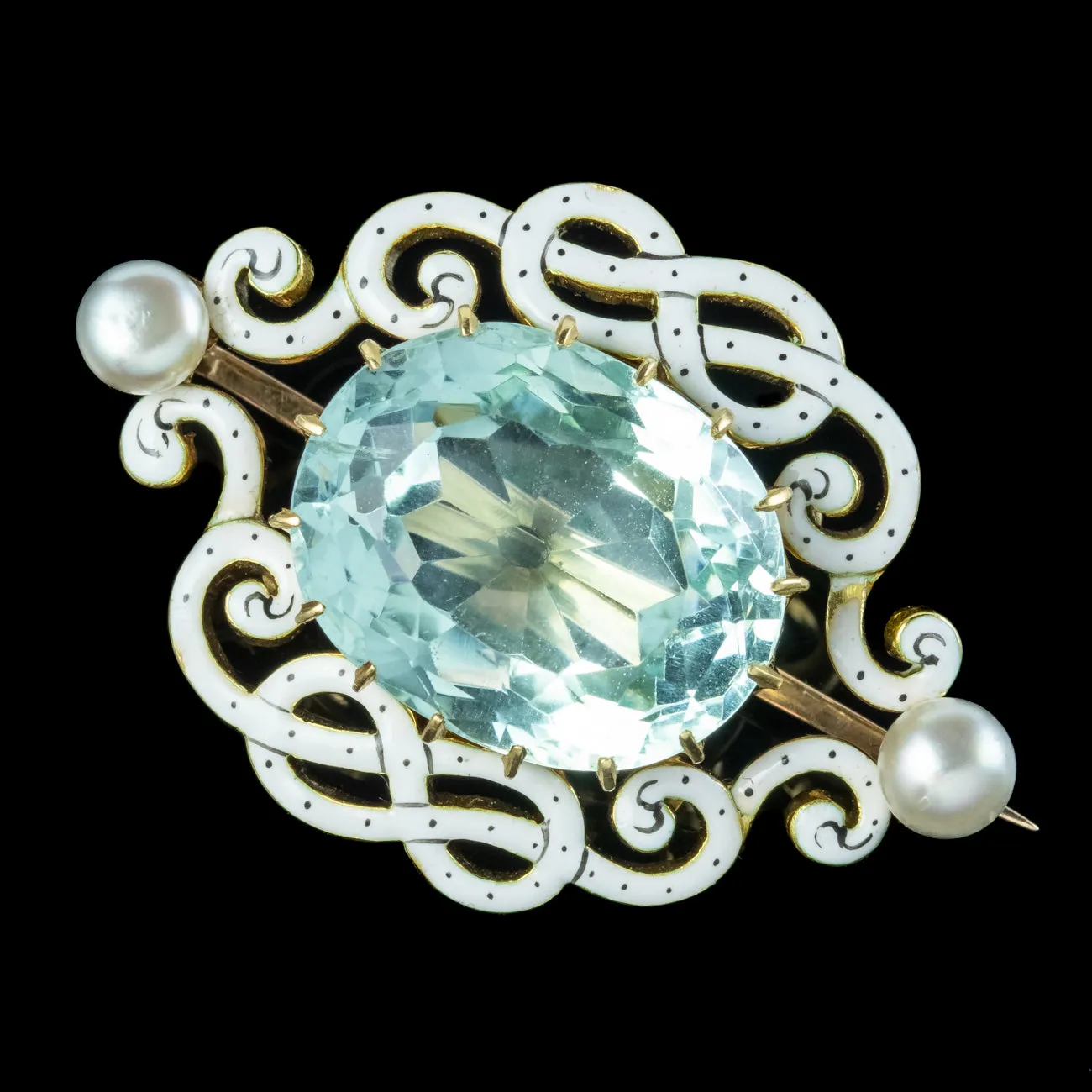 Antique Edwardian Aquamarine Pearl Enamel Brooch 9.5ct Aqua