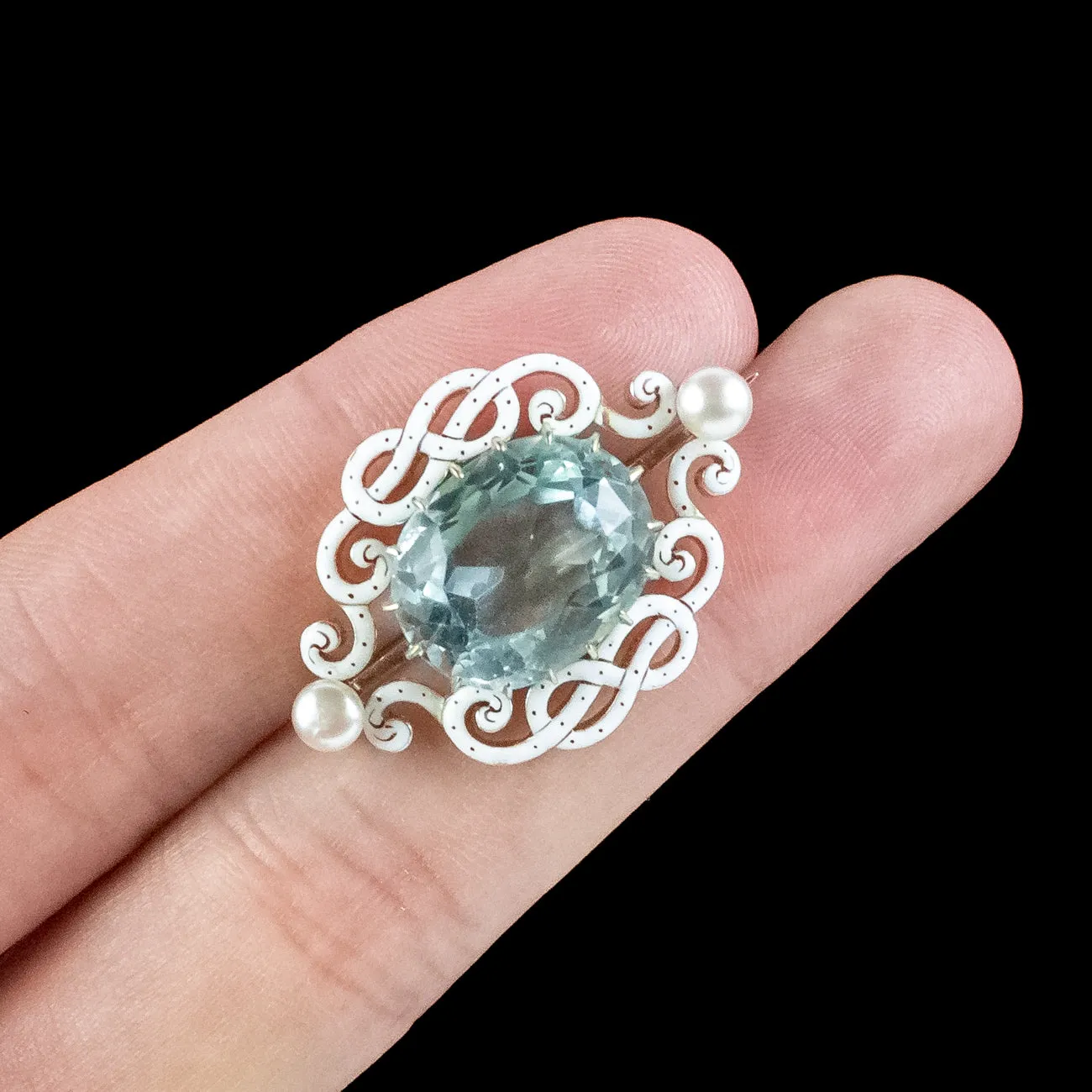 Antique Edwardian Aquamarine Pearl Enamel Brooch 9.5ct Aqua