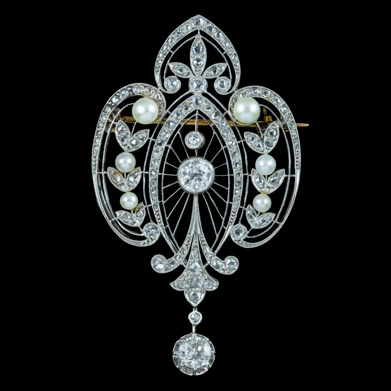 Antique Edwardian French Belle Epoque Diamond Pearl Brooch