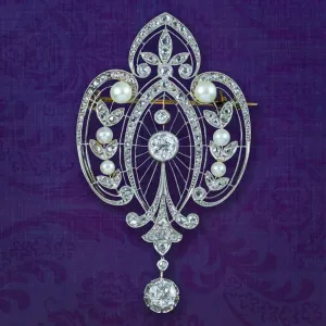 Antique Edwardian French Belle Epoque Diamond Pearl Brooch