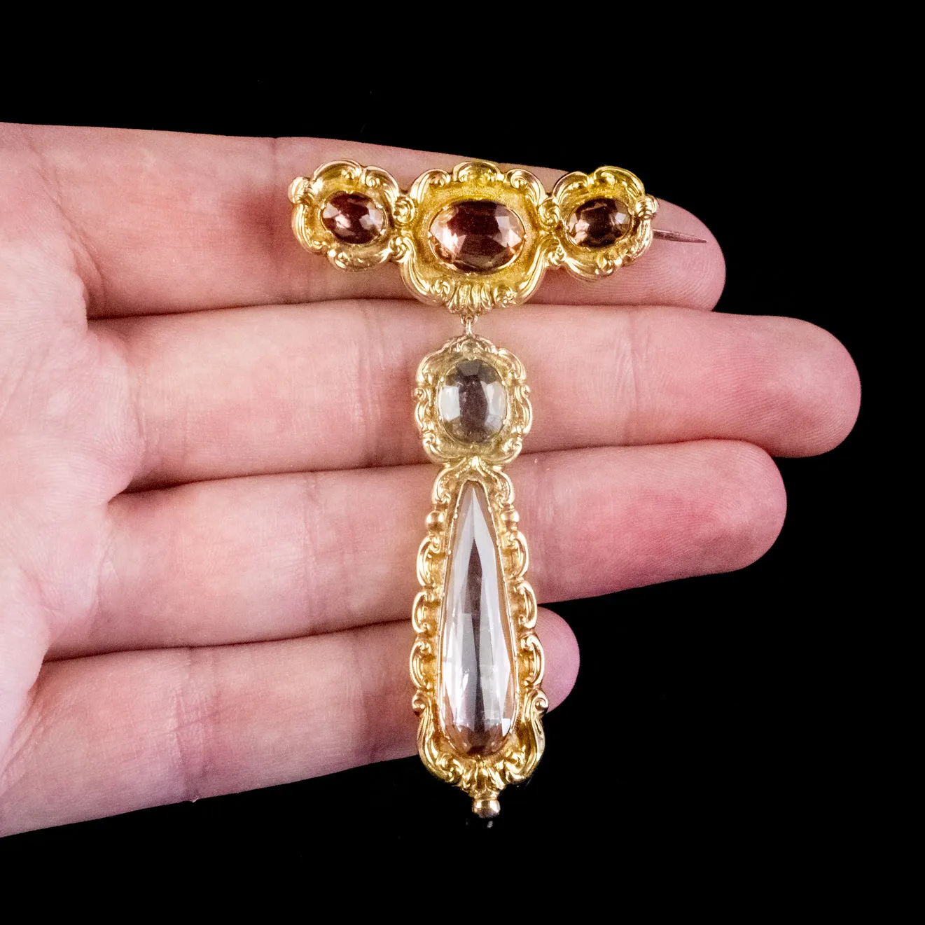 Antique Georgian Brooch And Earrings Set 18ct Gold Pink Quartz And Paste Circa 1800