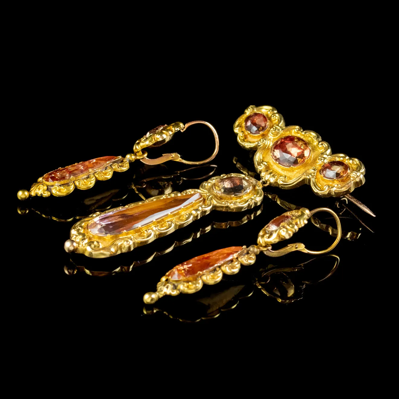 Antique Georgian Brooch And Earrings Set 18ct Gold Pink Quartz And Paste Circa 1800