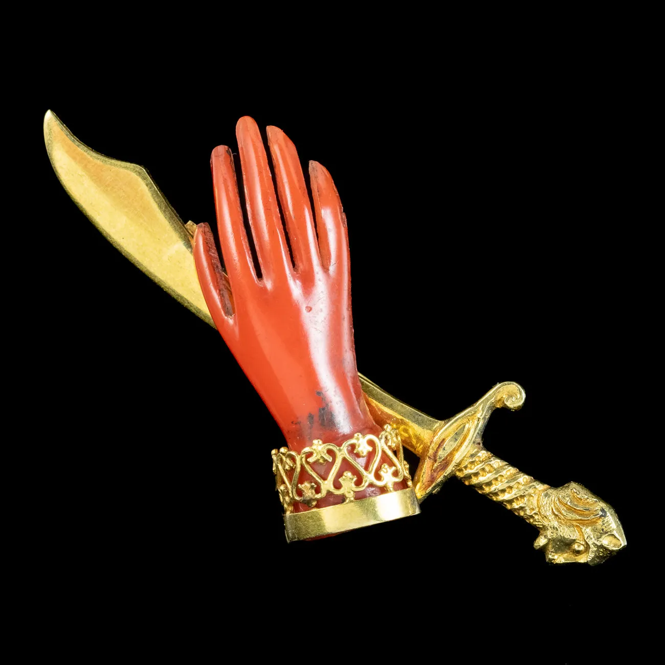 Antique Victorian Coral Hand And Scimitar Brooch 18ct Gold